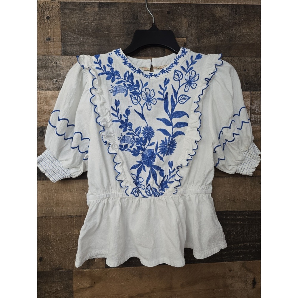 Umgee Puff Sleeve Peplum Embroidered Top Women Small Ruffle Boho Cottage Peasant